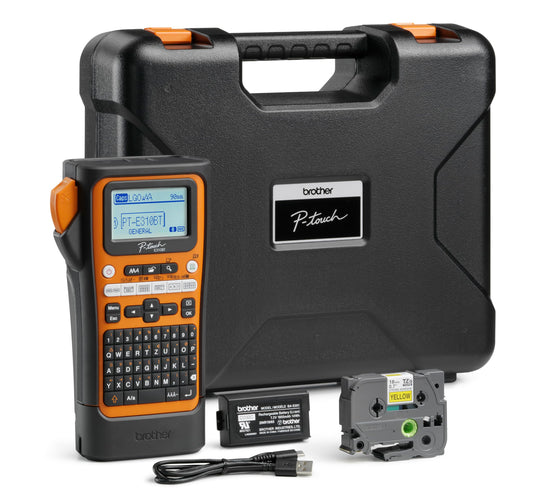 Brother P-Touch E310BTVP Profi-Beschriftungsgerät TZE/HSe. Schwarzes, kompaktes Gerät zum Drucken langlebiger Etiketten für Kabel und Komponenten in der Elektroinstallation.