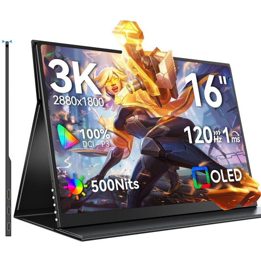 UPERFECT 3K OLED 120Hz Tragbarer Monitor – 16 Zoll 1ms. Schwarzer, rechteckiger 16-Zoll-Monitor als mobiler Zusatzbildschirm.