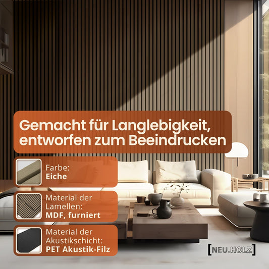 NEU.HOLZ Akustikpaneel Schallschutz – Walnuss hell Holzoptik. Optik Walnuss hell, zur Schallabsorption in Räumen.