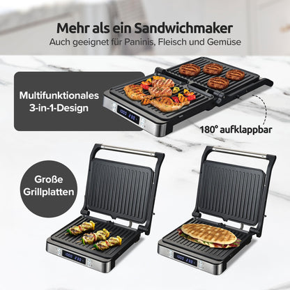 Olvy Sandwichmaker XXL, 3-in-1 Kontaktgrill mit Antihaftplatten