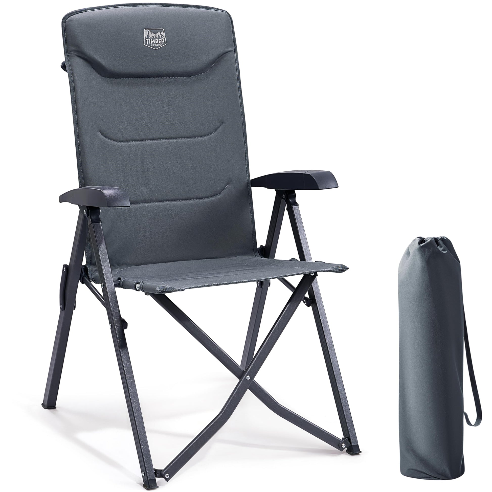 TIMBER RIDGE Campingstuhl Faltbar Alu Verstelllehne – Grau. Klappstuhl mit Armlehnen, für Camping & Outdoor-Einsatz.
