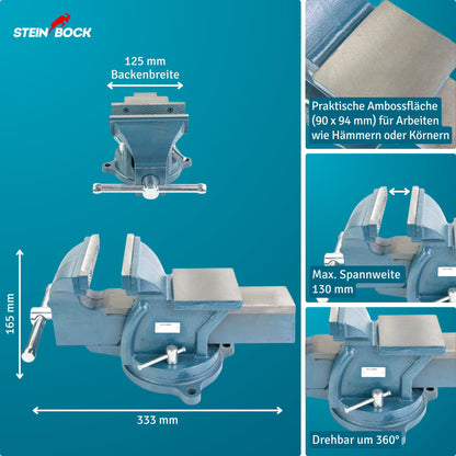 Steinbock Schraubstock drehbar, 125 mm, Gusseisen, mit Ambossfläche