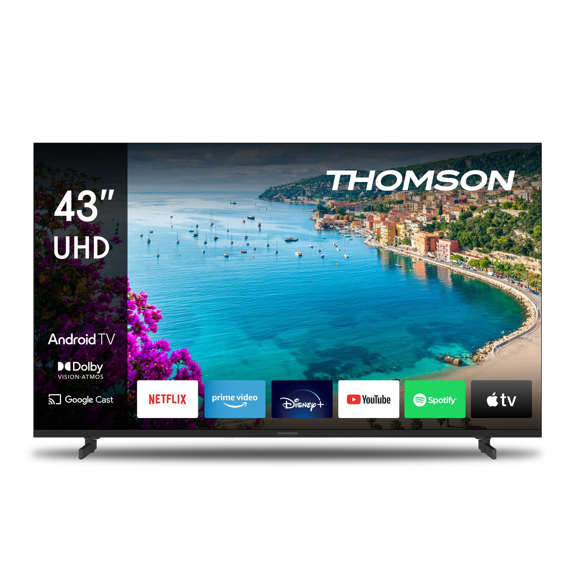 Thomson 43 Zoll 4K UHD Smart TV 43UA5S13 Android: Rechteckiger, schlanker schwarzer Bildschirm für 4K UHD Streaming und Fernsehen mit Android OS.