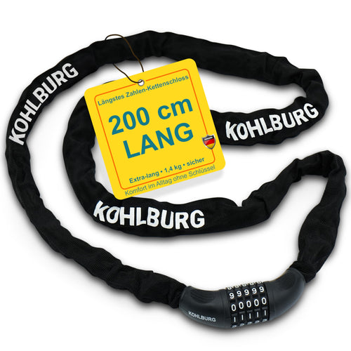 KOHLBURG Zahlenschloss Kettenschloss Fahrrad E-Bike 200cm. Schwarzes Kettenschloss aus gehärtetem Stahl mit Zahlenkombination zur Sicherung von Fahrrädern und E-Bikes.