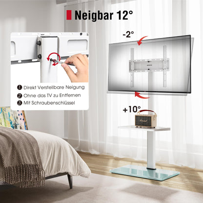 AOKCOS TV Bodenständer höhenverstellbar schwenkbar mit Ablagen, Weiss