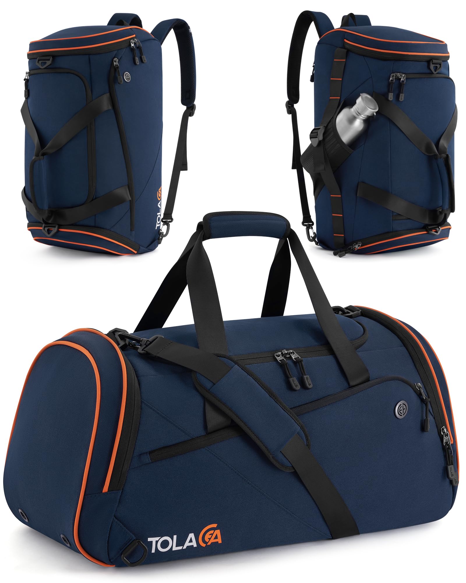 Tolaccea Sporttasche 47L mit Schuhfach und Nassfach, Dunkelblau, wasserabweisendes Oxford-Material, als Rucksack tragbar