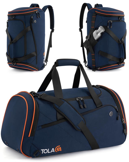 Tolaccea Sporttasche 47L mit Schuhfach und Nassfach, Dunkelblau, wasserabweisendes Oxford-Material, als Rucksack tragbar
