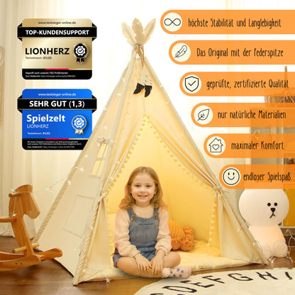 LIONHERZ® Tipi Zelt Kinder Stabil – Baumwolle Cremeweiss