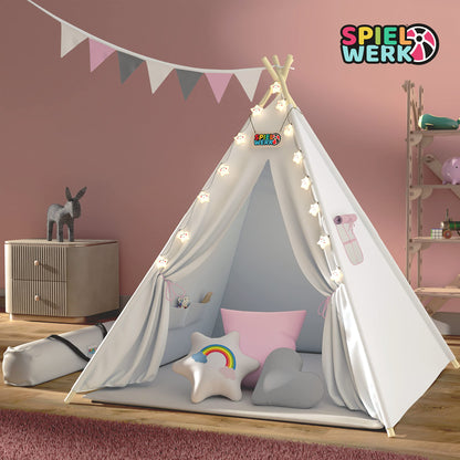 Spielwerk® Tipi Kinderzelt – Set 130x130cm Weiss Grau