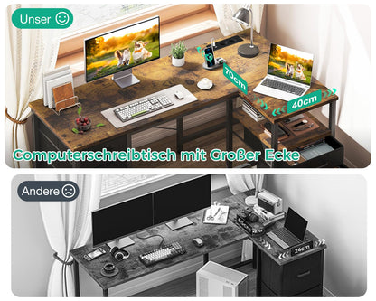 Coleshome Eckschreibtisch mit Schubladen & USB – Braun 140x70cm