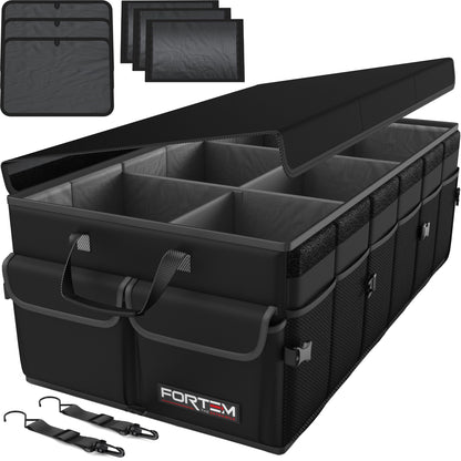FORTEM Kofferraum-Organizer Auto 85L, faltbar, mit Deckel, Aufbewahrungsbox mit 6 Fächern und Seitentaschen