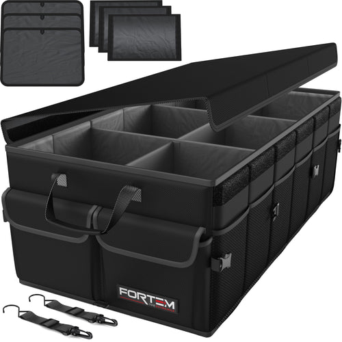 FORTEM Kofferraum-Organizer Auto 85L, faltbar, mit Deckel, Aufbewahrungsbox mit 6 Fächern und Seitentaschen