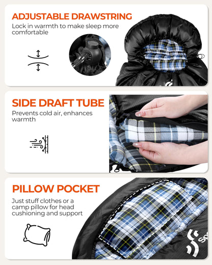 Sportneer Flanell-Schlafsack mit abnehmbarer Kapuze, 220 x 85 cm