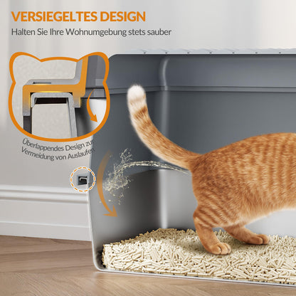 Fobyfurny Edelstahl-Katzenklo XXL geschlossen mit Deckel, Cremegrau