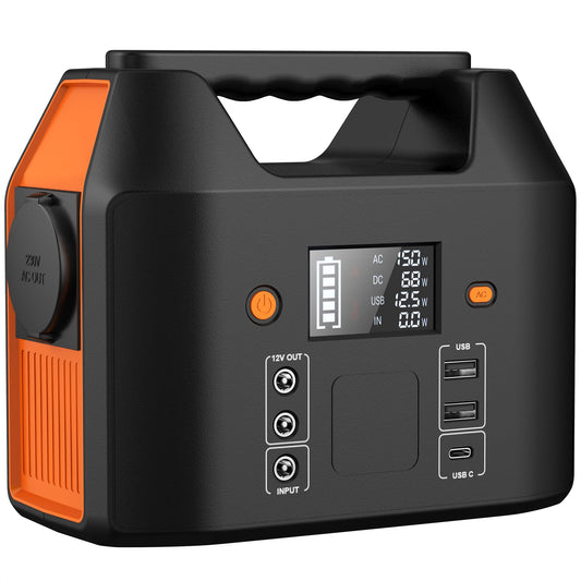 SinKeu Tragbare Powerstation 99Wh 150W Solar – Schwarz, rechteckig. Liefert mobil Strom für Endgeräte über AC/DC und USB.
