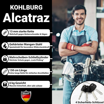 KOHLBURG Alcatraz Motorrad Sicherheits Kettenschloss - 150cm VdS