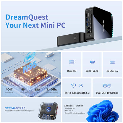 DreamQuest Mini PC Intel N95 - 16GB RAM, 512GB SSD, Win 11 Pro