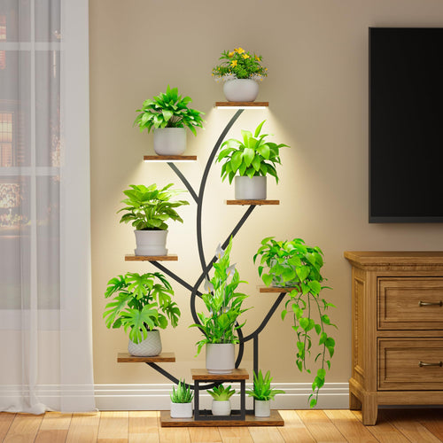 BACEKOLL Pflanzenständer mit Wachstumslicht - 8 Ebenen Blumenständer 126cm Metall Holz Pflanzenregal - Innen & Außen Blumentreppe - Dekoratives Schwarz Blumenregal für Innen Garten Balkon