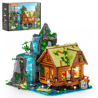 Lumibricks Waterfall Cabin Bauset mit LED-Licht, 2539 Teile – Retro-Holzhaus mit beweglichem Wasserfall