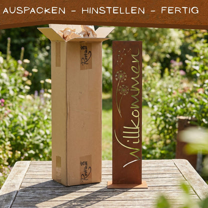 Rostikal Willkommensschild Edelrost mit Pusteblume, Gartendeko 71 cm