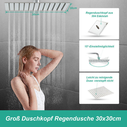 OFFO Regendusche Duschset Edelstahl 30x30 cm höhenverstellbar
