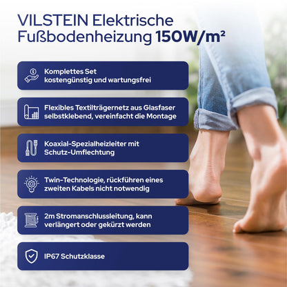 VILSTEIN® Elektrische Fussbodenheizung 150W/m² - 6m² Heizmatte