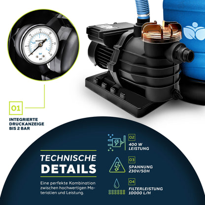 tillvex Sandfilteranlage 10 m³/h Poolfilter mit Filterbällen – Blau