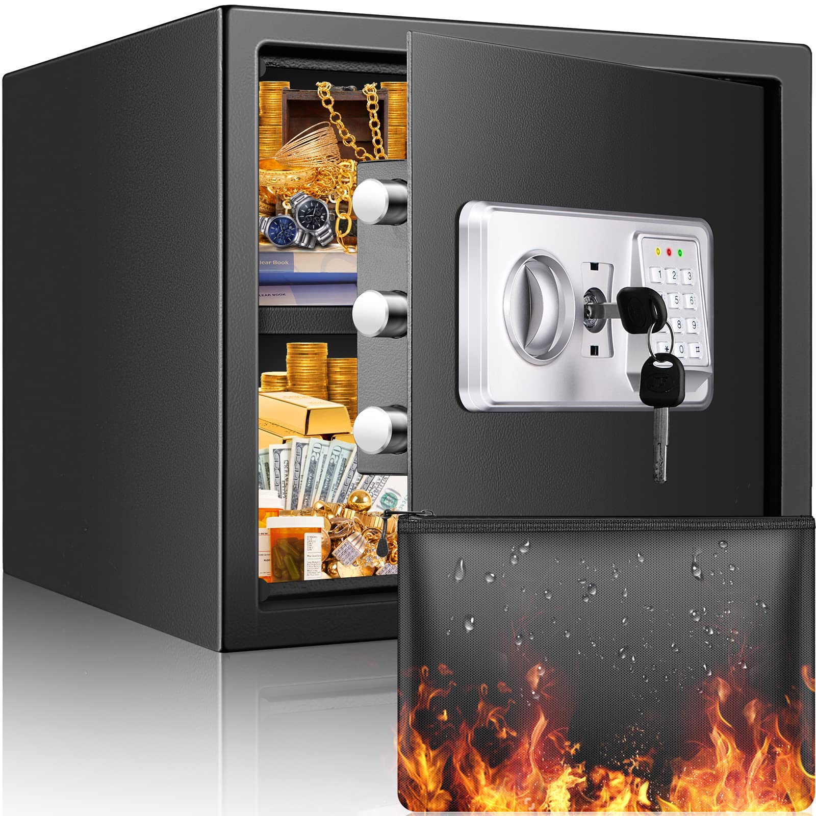 Digitaler Tresor 34L Feuerfest – Wasserdichter Heimsafe, dunkelgrau, rechteckig. Bewahrt Wertsachen sicher auf.