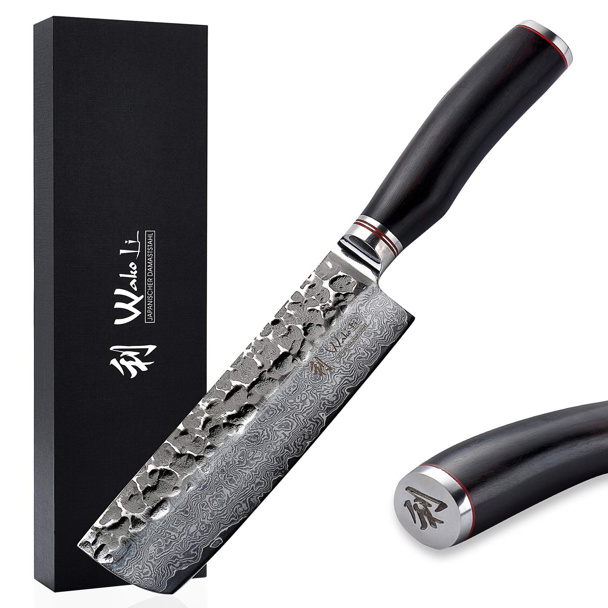 Wakoli EBO Premium Nakirimesser 16.5cm Damaststahl, mit rechteckiger Damaststahlklinge für präzises Gemüseschneiden.
