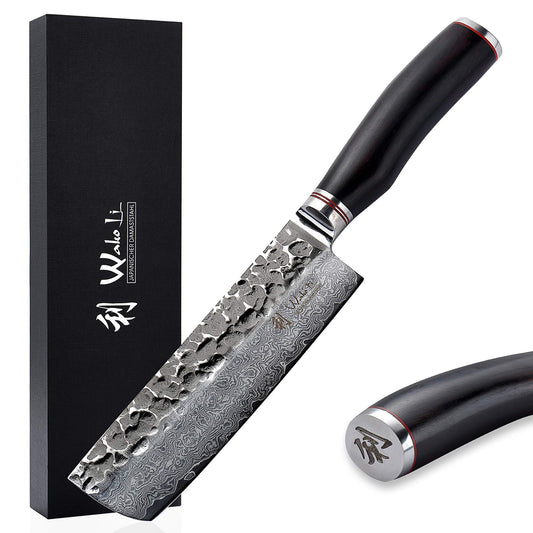 Wakoli EBO Premium Nakirimesser 16.5cm Damaststahl, mit rechteckiger Damaststahlklinge für präzises Gemüseschneiden.