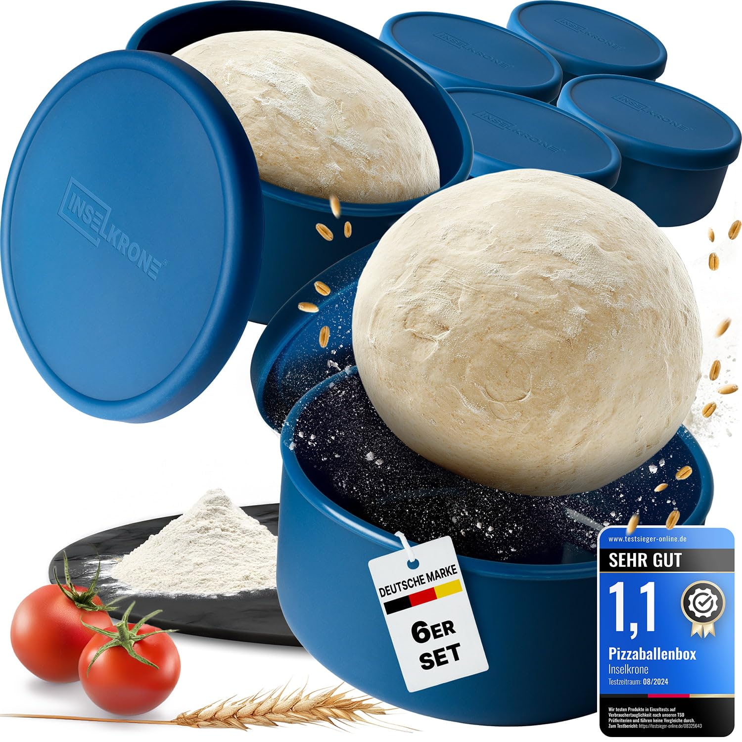 Inselkrone Pizzaballenbox mit Deckel, 6er Set, Silikon, blau, Ø 14 cm – stapelbare Teigboxen mit atmungsaktivem Deckel