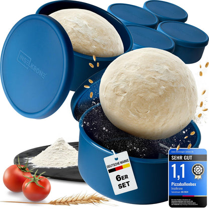 Inselkrone Pizzaballenbox mit Deckel, 6er Set, Silikon, blau, Ø 14 cm – stapelbare Teigboxen mit atmungsaktivem Deckel