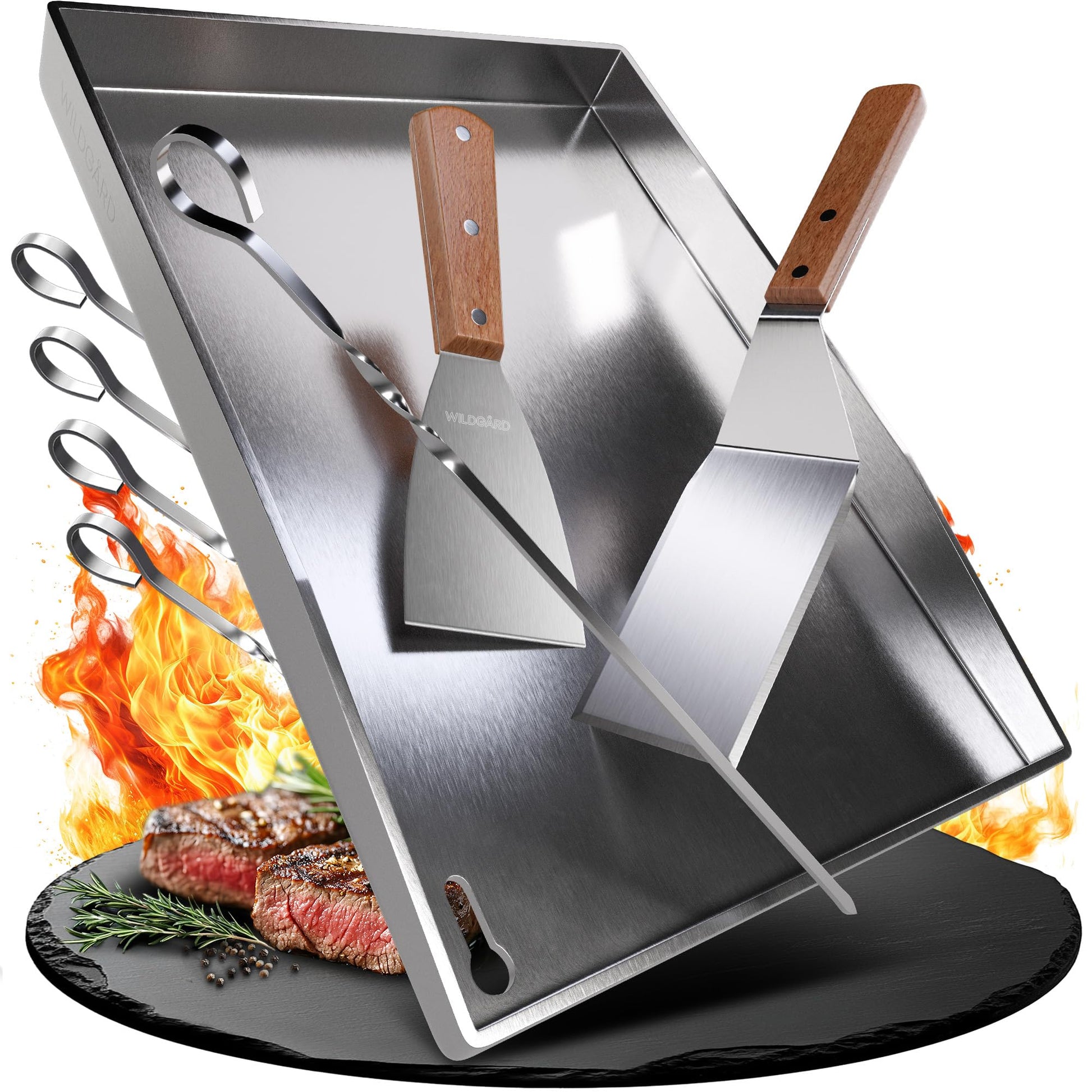 WILDGÅRD Plancha Grillplatte aus Edelstahl, 35 x 25 cm mit Zubehör – rechteckige Platte mit Spachteln und Spiessen