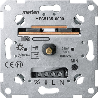 Schneider Merten MEG5135-0000 Drehdimmer UP Phasenanschnitt 60-1000VA. Dieser runde Unterputzdimmer steuert Beleuchtung von 60-1000VA per Phasenanschnitt.