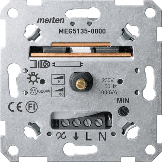 Schneider Merten MEG5135-0000 Drehdimmer UP Phasenanschnitt 60-1000VA. Dieser runde Unterputzdimmer steuert Beleuchtung von 60-1000VA per Phasenanschnitt.