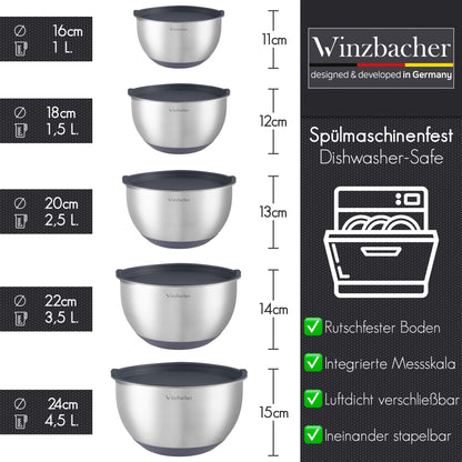 Winzbacher Edelstahl Schüssel Set mit Deckel, 5-teilig, inkl. Reibe