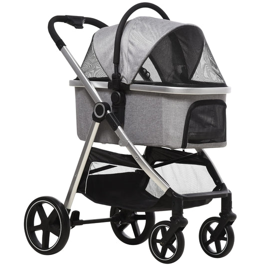 PawHut 3-in-1 Hundebuggy & Katzenwagen – Hellgrau, bis 15 kg. Hellgrauer Buggy transportiert Haustiere bis 15 kg sicher.