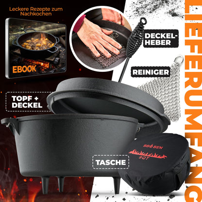 BBQ BEN Dutch Oven Set 9 Liter - eingebrannter Gusseisen Feuertopf