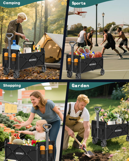 GECONLE Bollerwagen faltbar, Handwagen mit Getränkehalter, 100 kg
