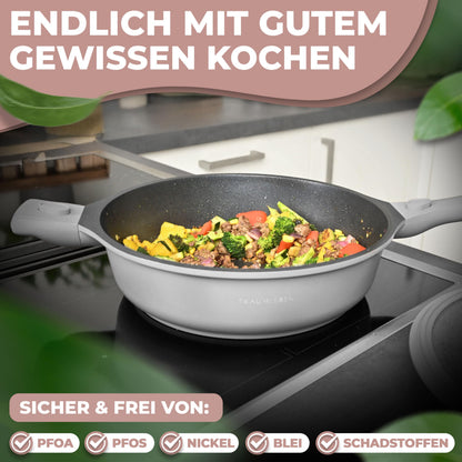 TRAUMLEBEN Bratpfanne 28 cm mit Deckel, abnehmbare Griffe, ofenfest