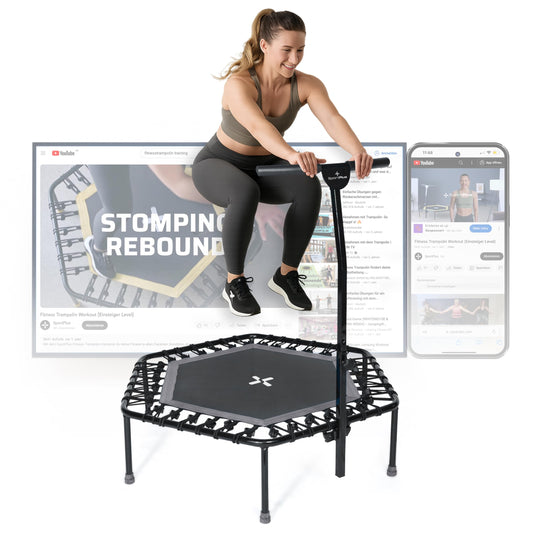 SportPlus Fitness Trampolin für Zuhause – Mit Haltestange. Rund, schwarz. Für Rebound-Training, Cardio & Muskelaufbau daheim.