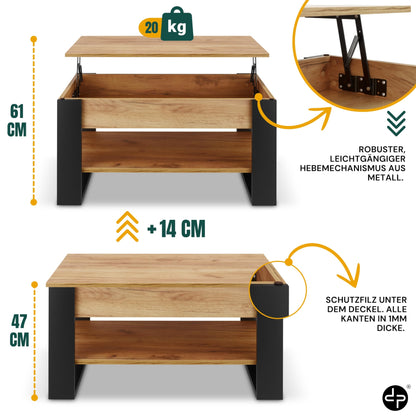 defiPad Couchtisch Höhenverstellbar mit Stauraum – Schwarz/Eiche