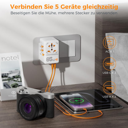 TESSAN 65W GaN Reiseadapter Weltweit mit 2 USB-C und 2 USB-A