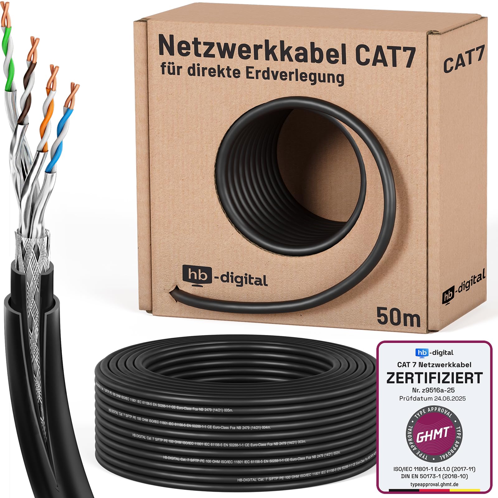HB-DIGITAL CAT 7 S/FTP Erdverlegekabel AWG23 - 50m Schwarz. Schwarzes Rundkabel zur Gigabit-Datenübertragung in Erdverlegung.