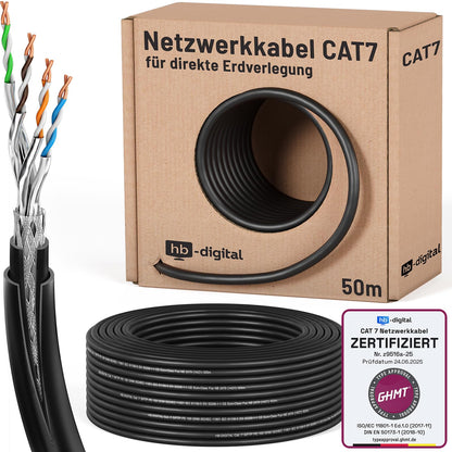 HB-DIGITAL CAT 7 S/FTP Erdverlegekabel AWG23 - 50m Schwarz. Schwarzes Rundkabel zur Gigabit-Datenübertragung in Erdverlegung.