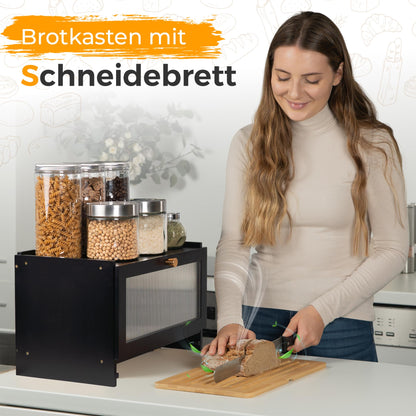 AH Bambus Brotkasten mit Schneidebrett, schwarz, 40 x 26 x 23 cm