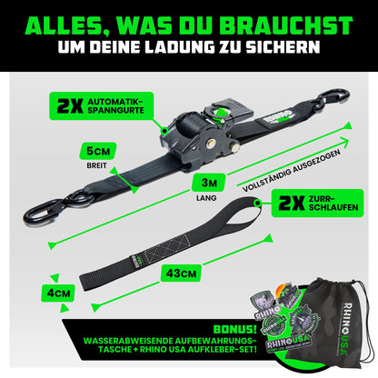 Rhino USA Selbstaufrollende Spanngurte 2er-Pack, 5 cm x 3 m, Schwarz