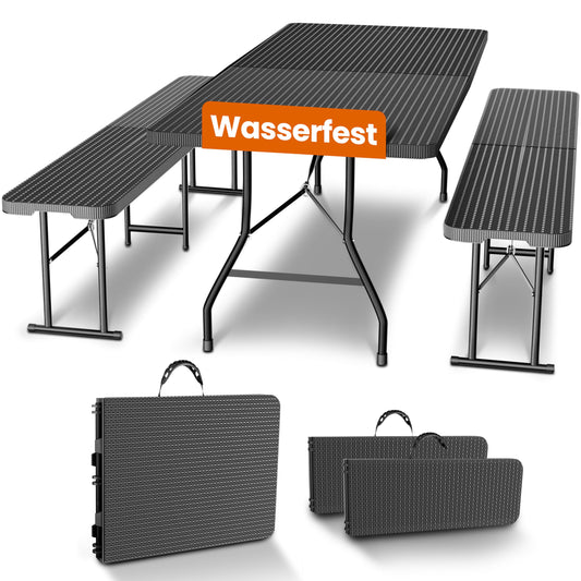 NewHabitat Kunststoff Bierzeltgarnitur Klappbar 3er Set - Schwarz: Rechteckige, schwarze Garnitur, klappbar für Sitzplätze und Tischfläche bei Outdoor-Events.
