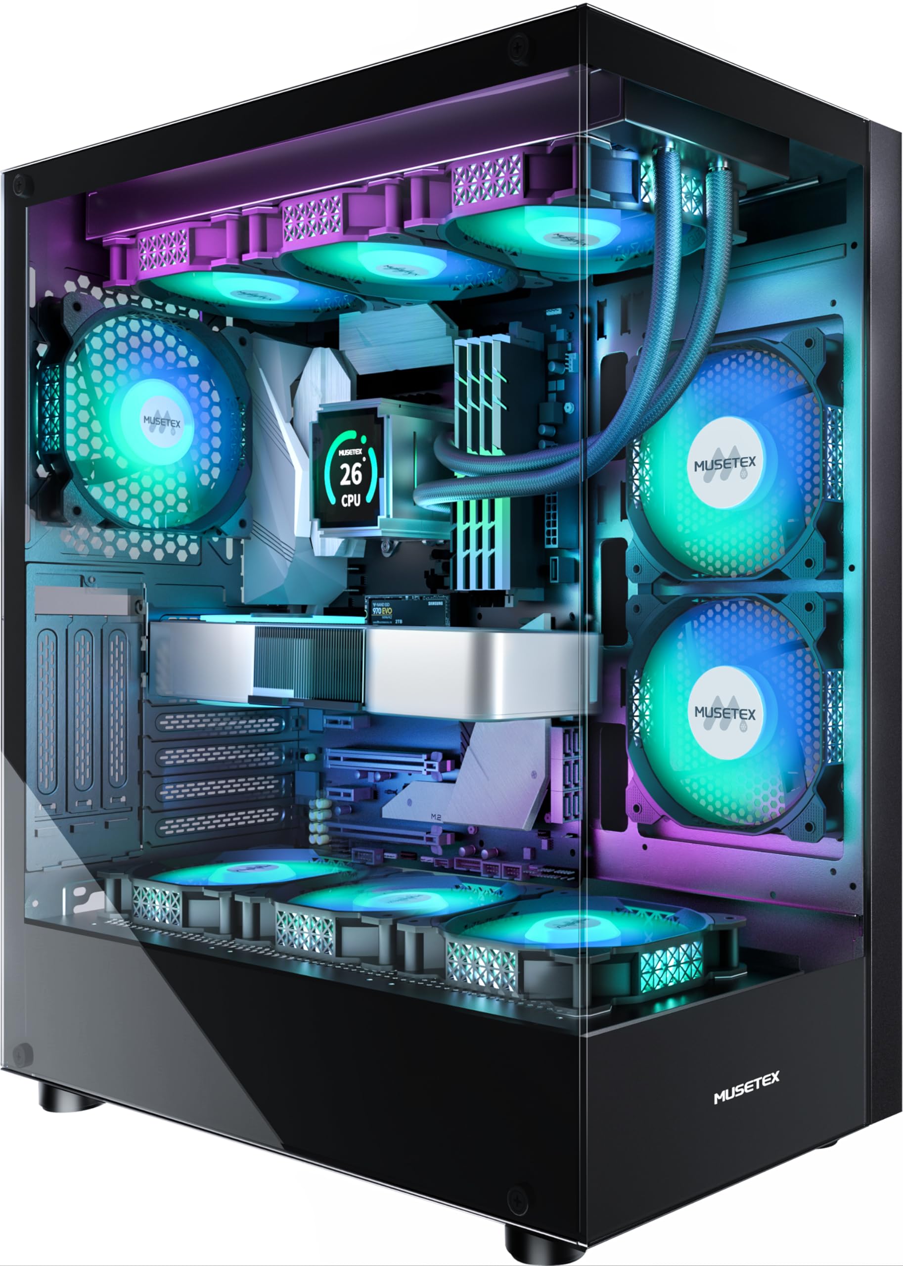 MUSETEX K2 ATX PC Gehäuse Panoramaglas 6 ARGB Lüfter - Schwarz. Schützt PC-Komponenten, optimiert Kühlung & Airflow.