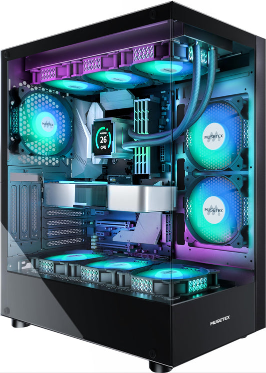 MUSETEX K2 ATX PC Gehäuse Panoramaglas 6 ARGB Lüfter - Schwarz. Schützt PC-Komponenten, optimiert Kühlung & Airflow.